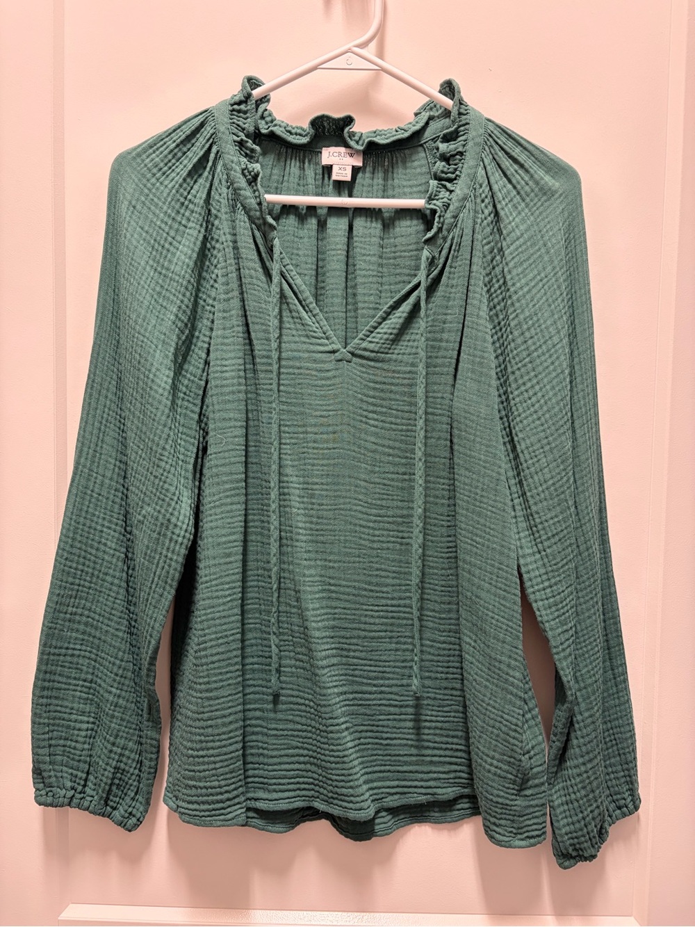 J. Crew Factory Textured Tie-Neck Blouse in Dark Green